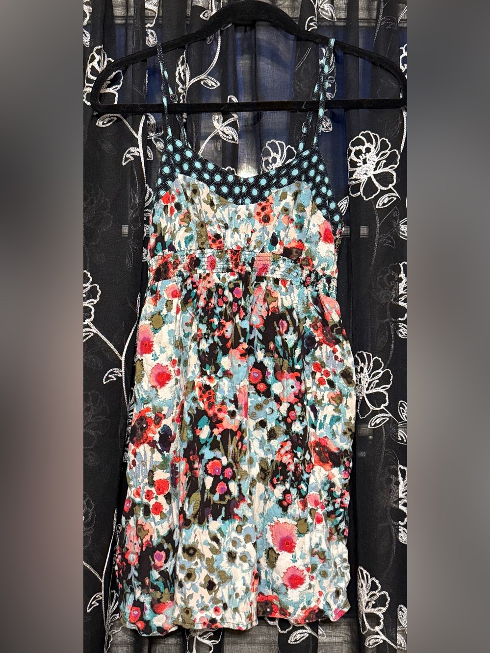 Xhilaration Floral Sundress with Turquoise Polka-Trim
